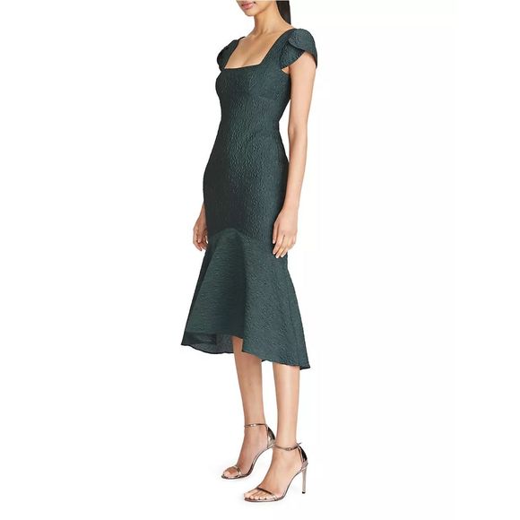 Theia Dark Green Textured Midi Dress - Picture 2 of 11